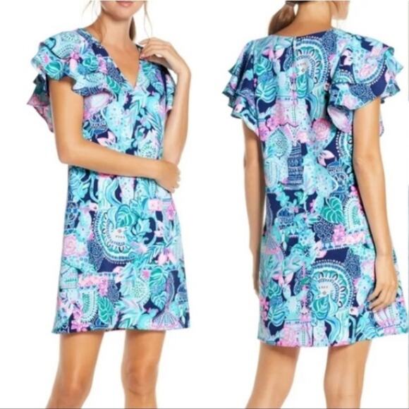 Lilly Pulitzer | Kathie Dress Lookin Sharp Flutter Sleeves V-neck Blue Size 0 - Picture 1 of 8
